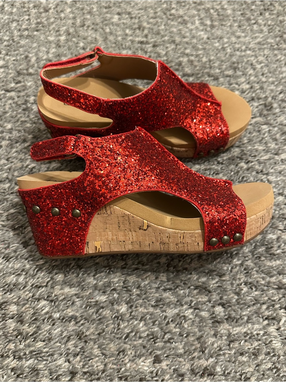 Corky’s Red Glitter Cork Wedge Sandals
